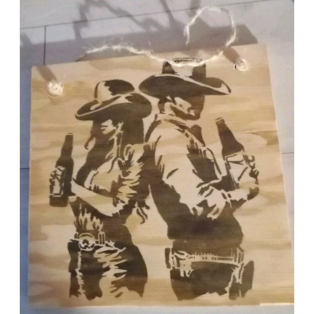 Handmade Cowboy & Cowgirl Home Decor Wood Burnished 12 X 12